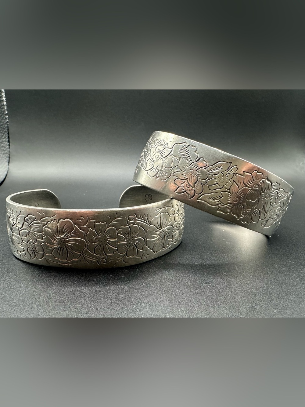 Kirk Stieff Floral Engraved Cuff Bracelet - violets and cosmos flowers